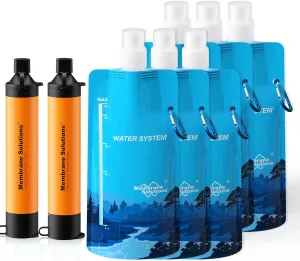 Membrane Solutions Squeezable Water Filtration System, Survival Water Purifier Kit, Portable Backpacking Gear Including Water Filter Straw and 23oz Collapsible Bottle for Hiking Camping Travel(2 6)