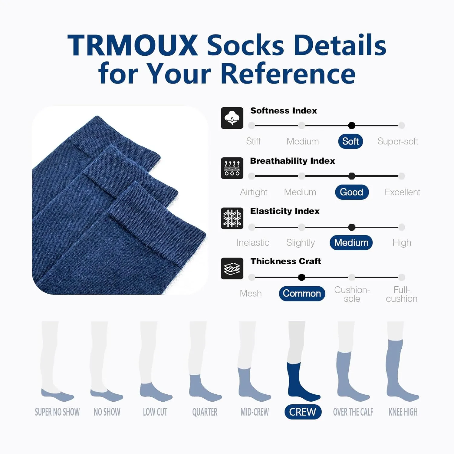 Men's Dress Crew Socks - Plain Colors, Lightweight Classic Cotton, Soft & Breathable Dress Socks for Men, 6-Pack