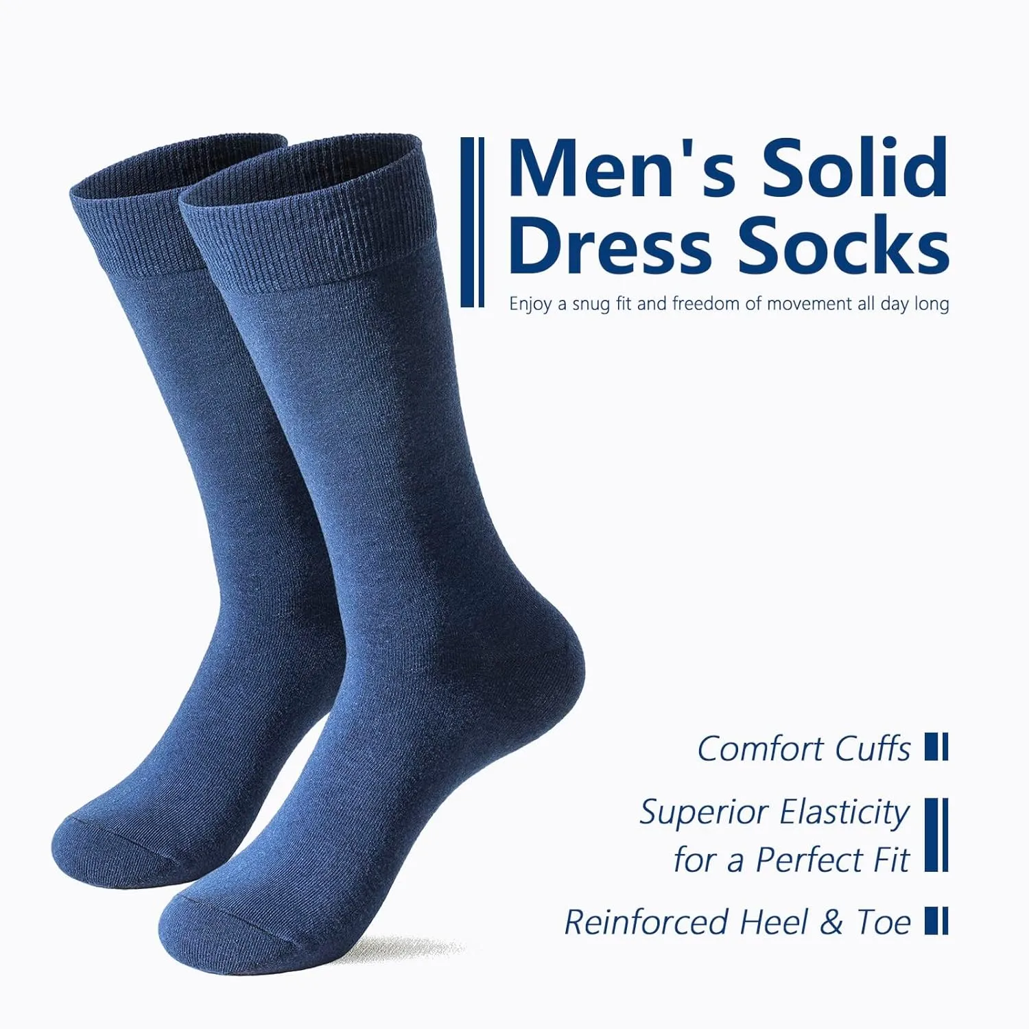 Men's Dress Crew Socks - Plain Colors, Lightweight Classic Cotton, Soft & Breathable Dress Socks for Men, 6-Pack