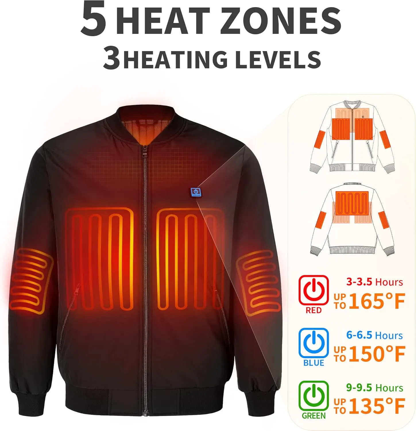 Men’s Heated Jacket with 12V Battery, Windproof Bomber Jackets Winter Warm Casual Heating Coat with 5 Heating Areas