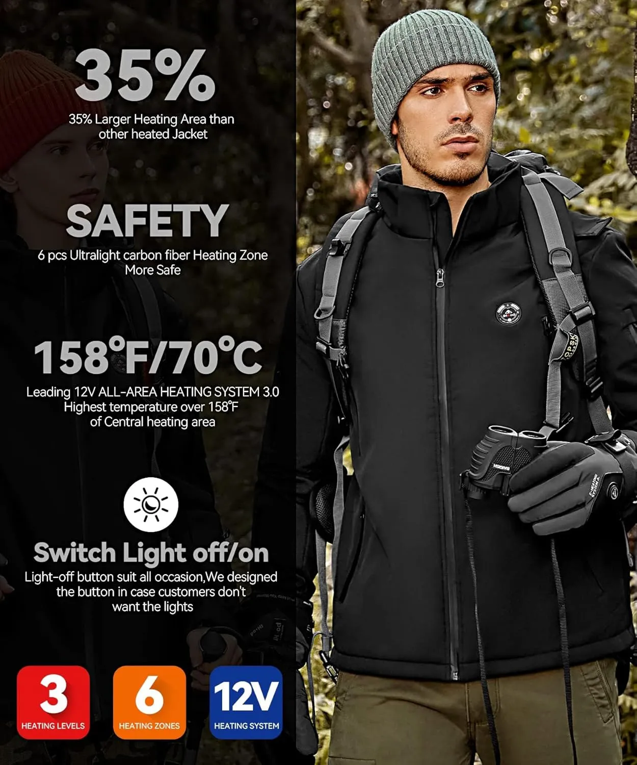 Men's Heated Jacket with Detachable Hood, Waterproof Winter Outdoor Heating Jackets for Men (Battery Pack Included)