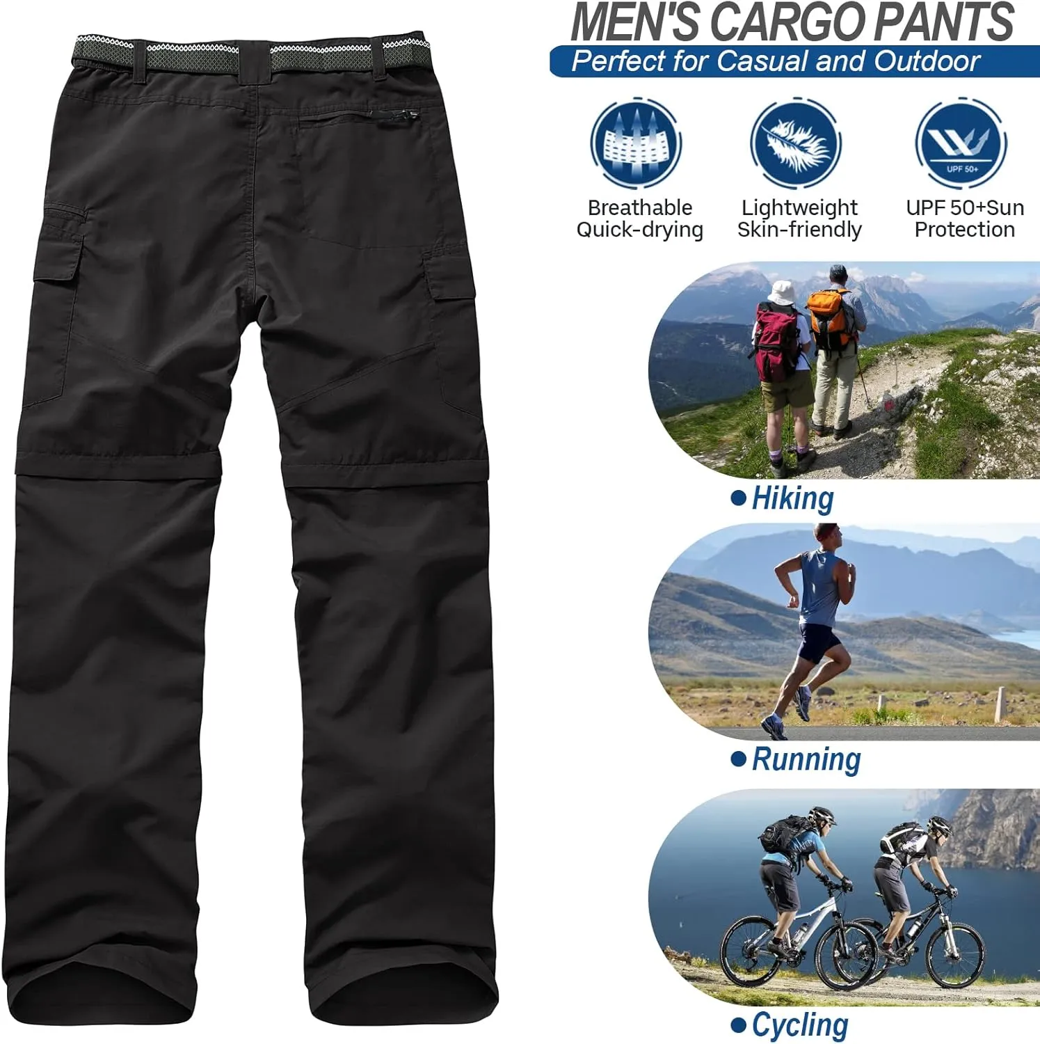Mens Hiking Pants Quick Dry Lightweight Fishing Convertible Zip Off Safari Trousers