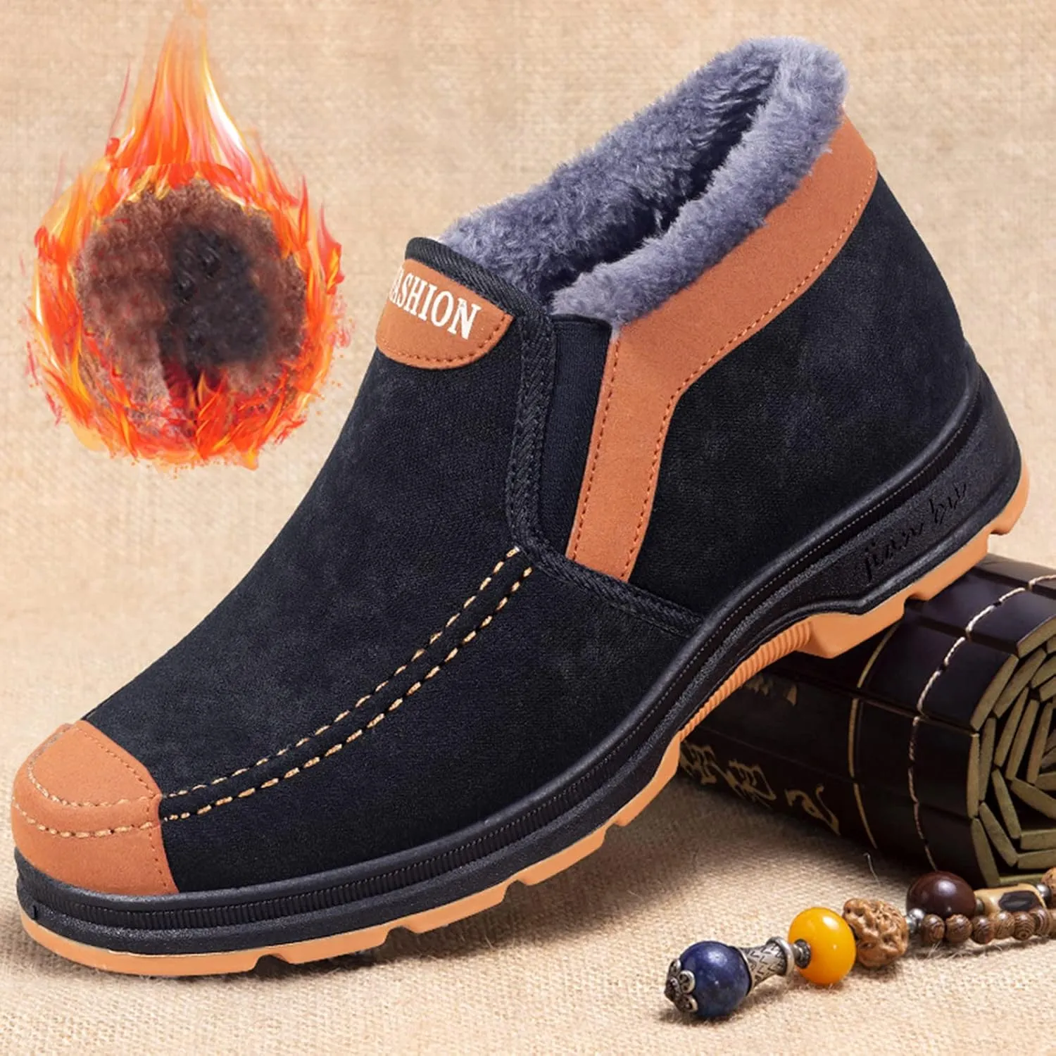 Men's Suede Ankle Boots Classic Slip On Furry Boots Fleece Lined Warm Winter Boots Comfort Mens Wading Boots Size 12