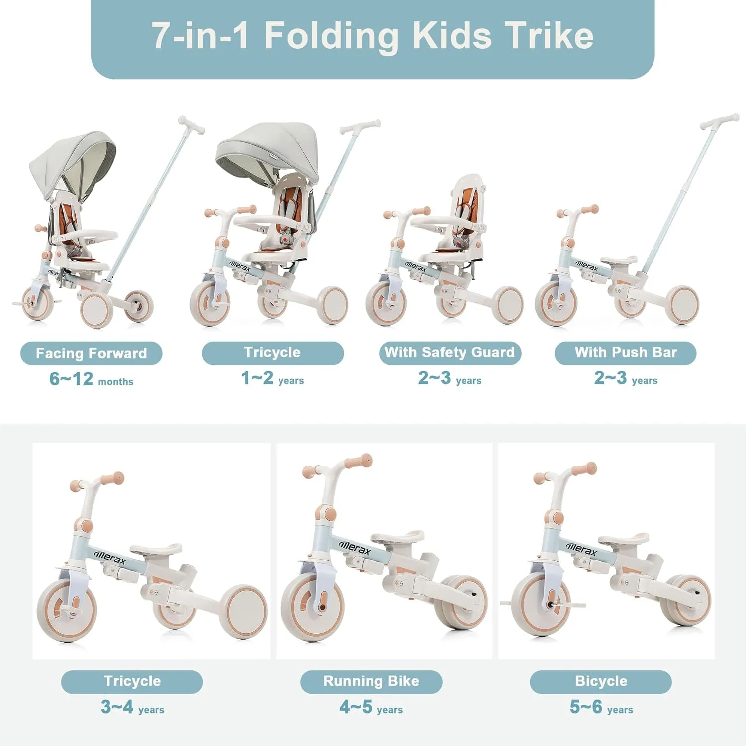 Merax 7-in-1 All-Terrain Kids Tricycle Stroller Foldable Toddler Tricycle with Adjustable Push Handle
