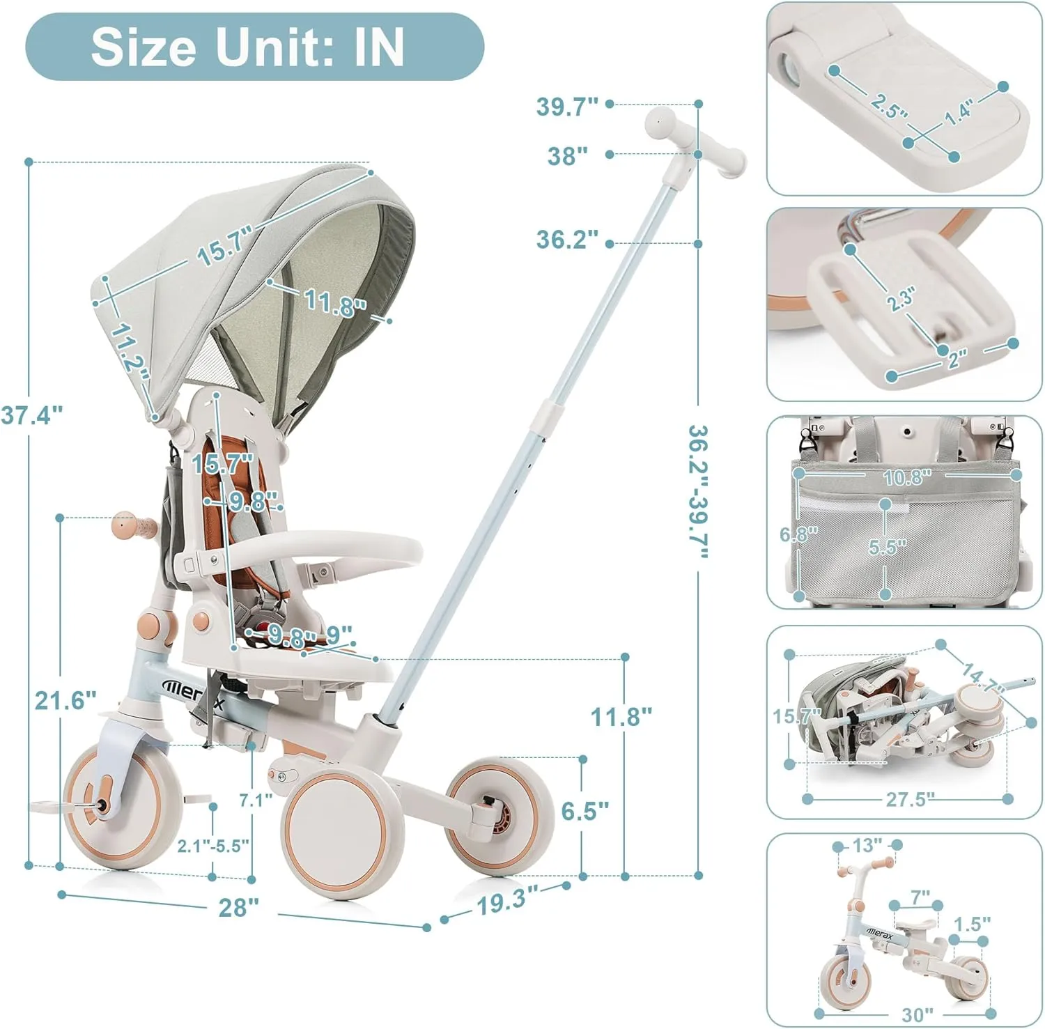 Merax 7-in-1 All-Terrain Kids Tricycle Stroller Foldable Toddler Tricycle with Adjustable Push Handle
