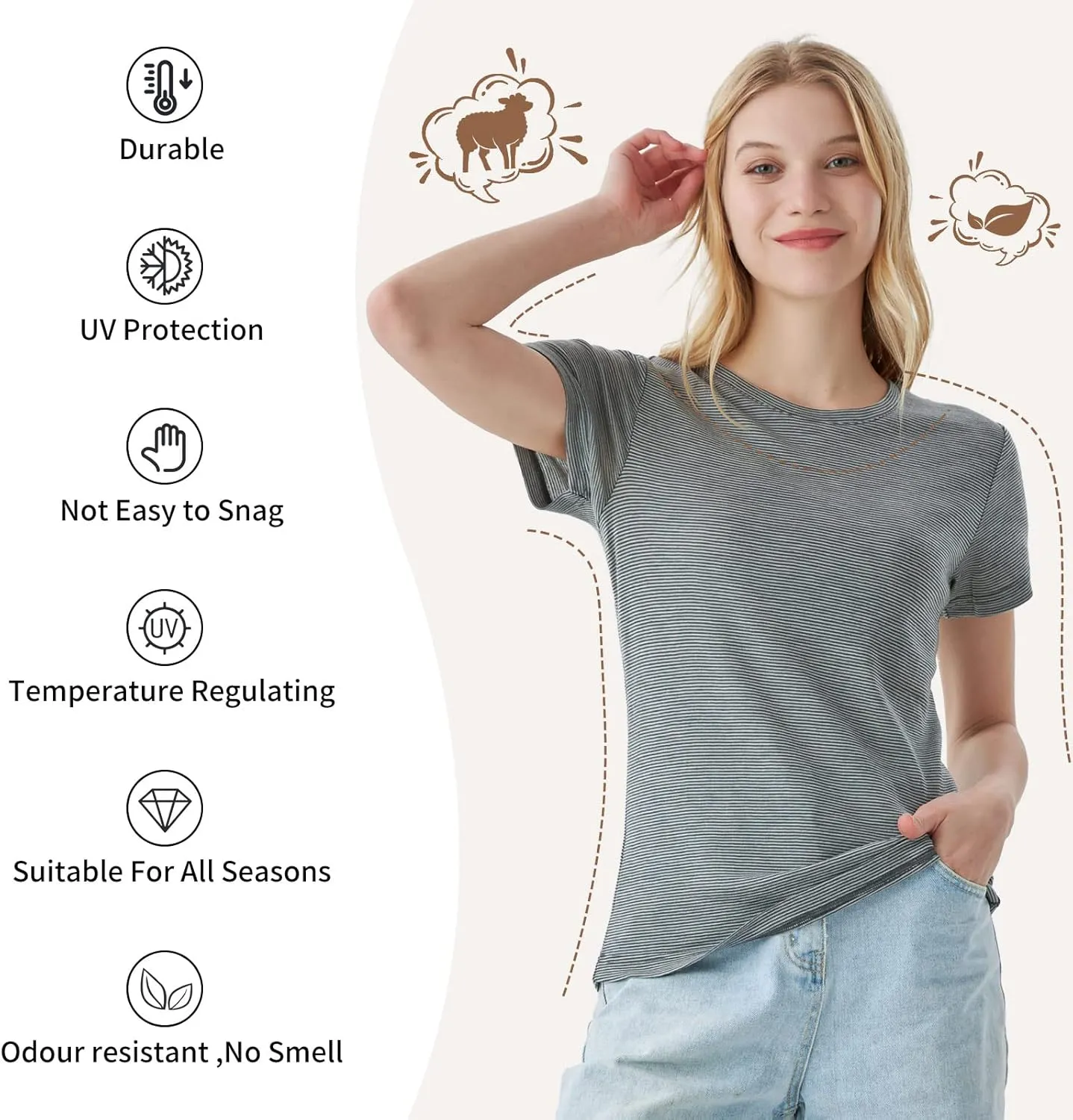 Merino Protect 100% Merino Wool T Shirts Women Crew Neck Tops Short Sleeve Odor Resistance Base Layer Travel Hiking Tee Shirt
