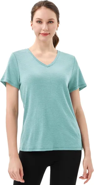 Merino Protect 100% Merino Wool V Neck T-Shirt for Women Short Sleeve Base Layers Odor Resistance Tops for Outdoor Hiking