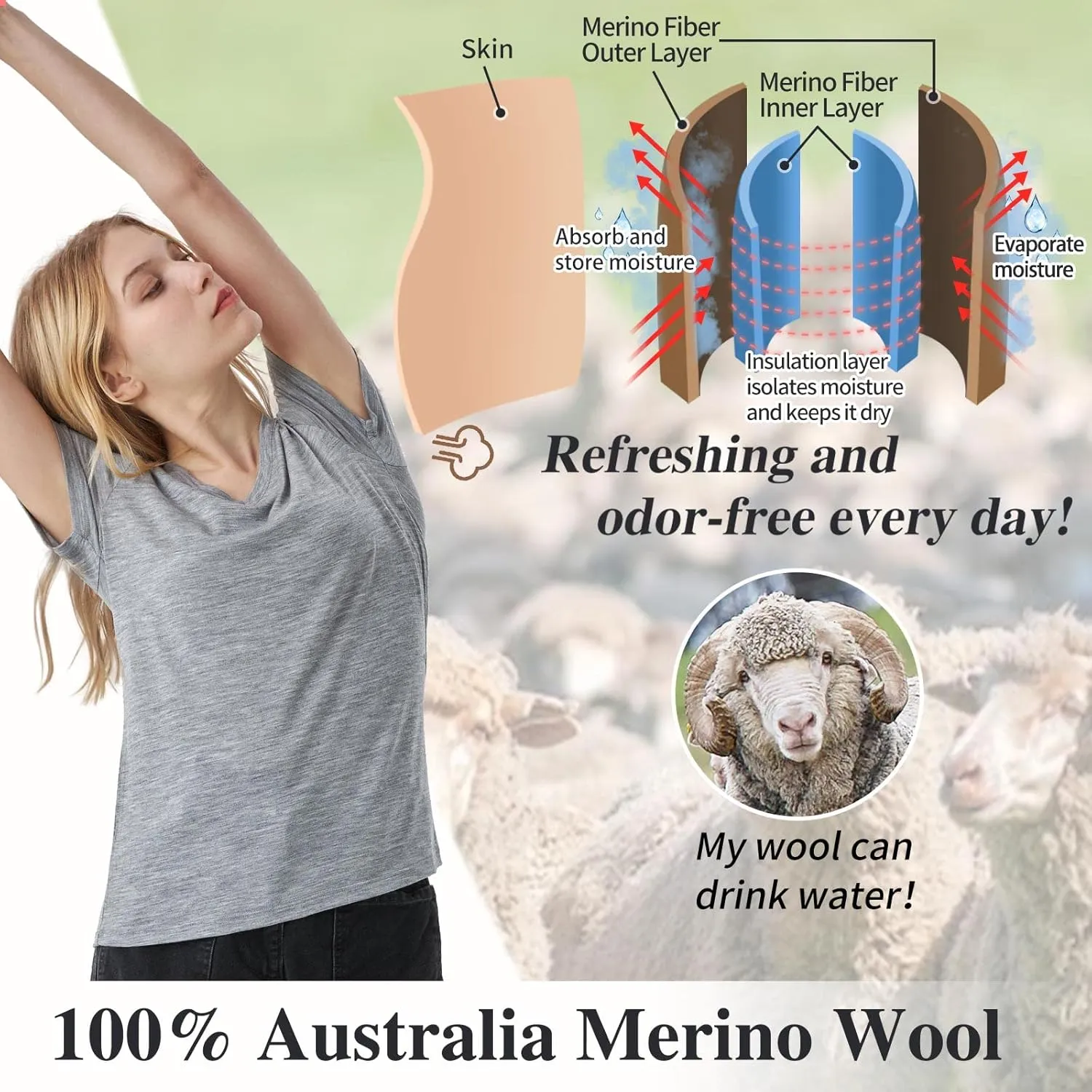 Merino Protect 100% Merino Wool V Neck T-Shirt for Women Short Sleeve Base Layers Odor Resistance Tops for Outdoor Hiking