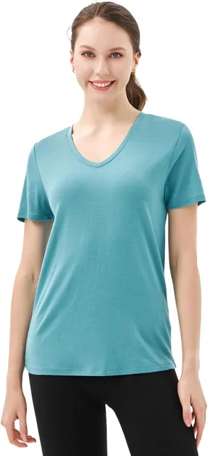 Merino Protect 100% Merino Wool V Neck T-Shirt for Women Short Sleeve Base Layers Odor Resistance Tops for Outdoor Hiking