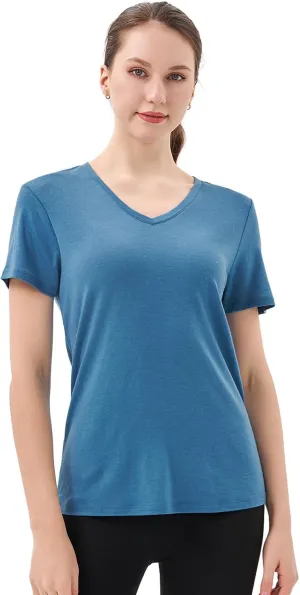 Merino Protect 100% Merino Wool V Neck T-Shirt for Women Short Sleeve Base Layers Odor Resistance Tops for Outdoor Hiking