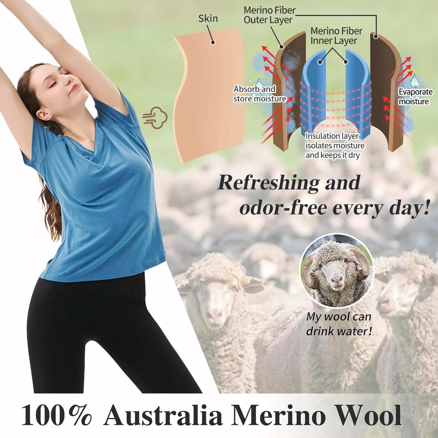 Merino Protect 100% Merino Wool V Neck T-Shirt for Women Short Sleeve Base Layers Odor Resistance Tops for Outdoor Hiking