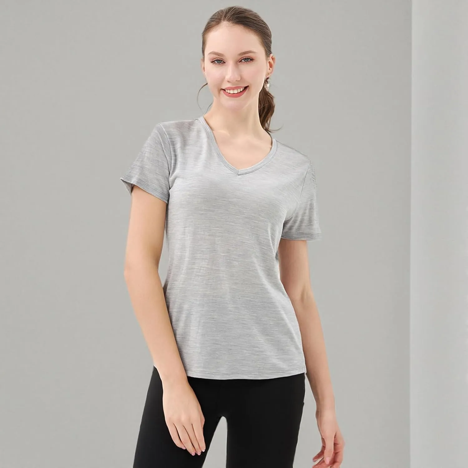 Merino Protect 100% Merino Wool V Neck T-Shirt for Women Short Sleeve Base Layers Odor Resistance Tops for Outdoor Hiking