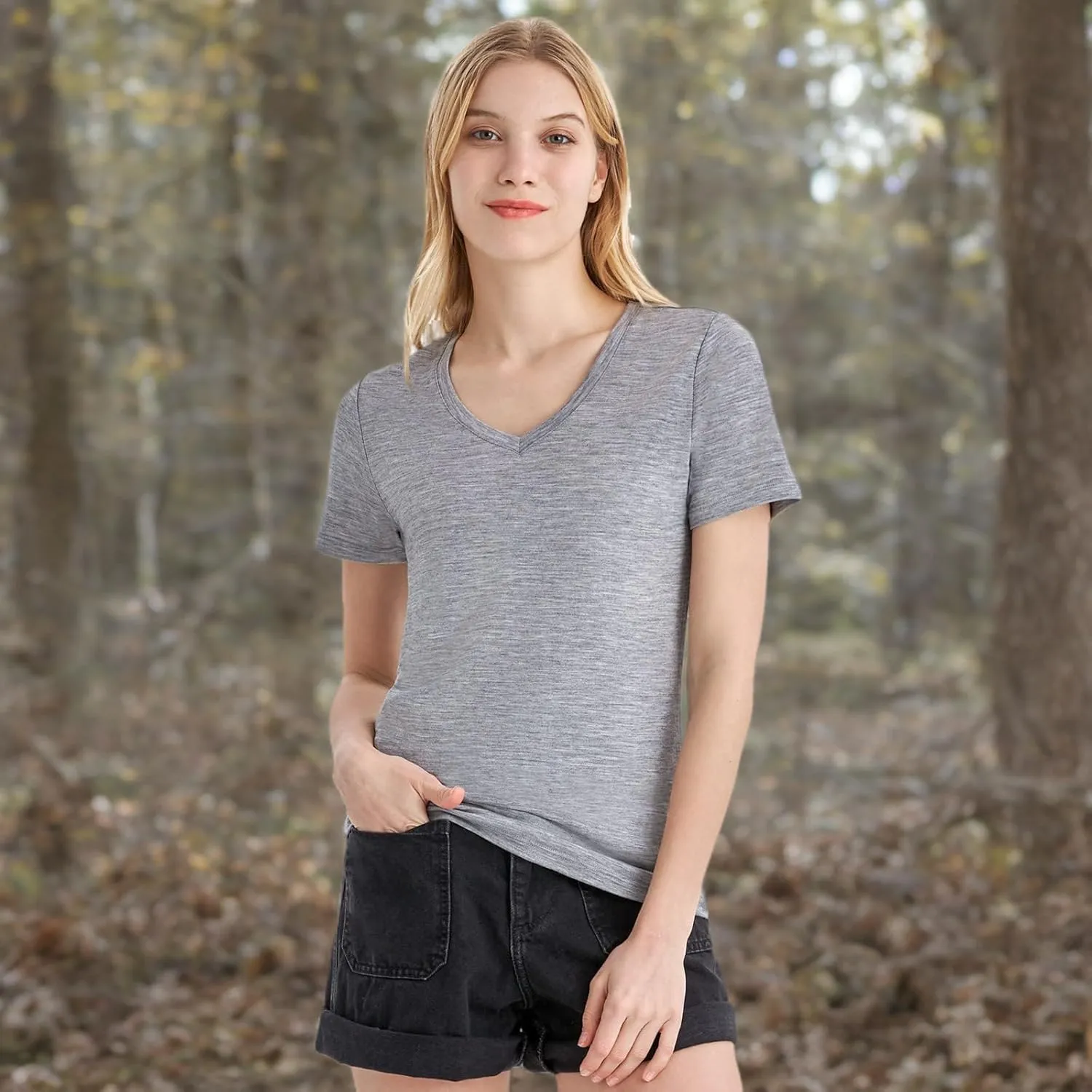 Merino Protect 100% Merino Wool V Neck T-Shirt for Women Short Sleeve Base Layers Odor Resistance Tops for Outdoor Hiking