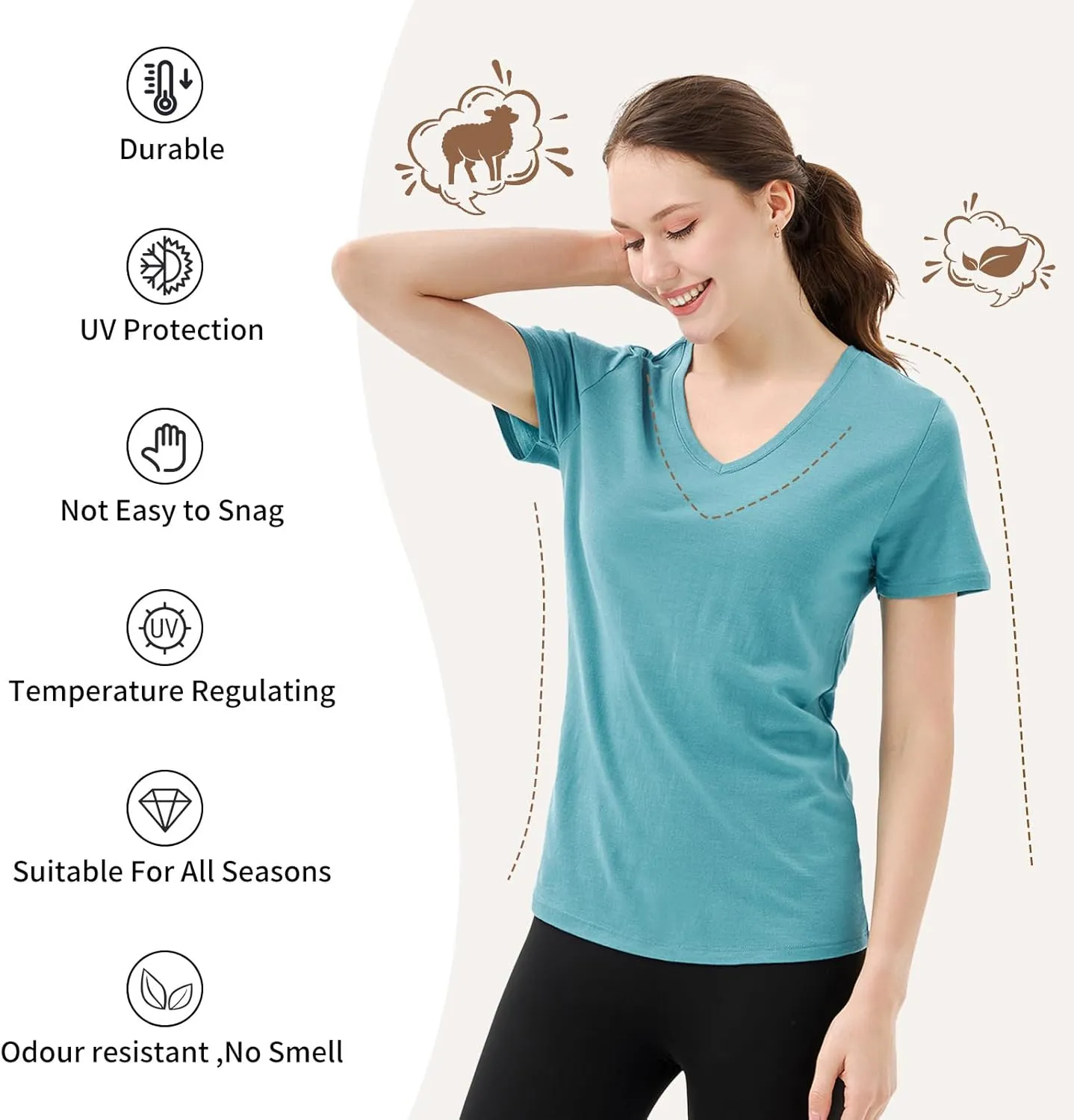 Merino Protect 100% Merino Wool V Neck T-Shirt for Women Short Sleeve Base Layers Odor Resistance Tops for Outdoor Hiking