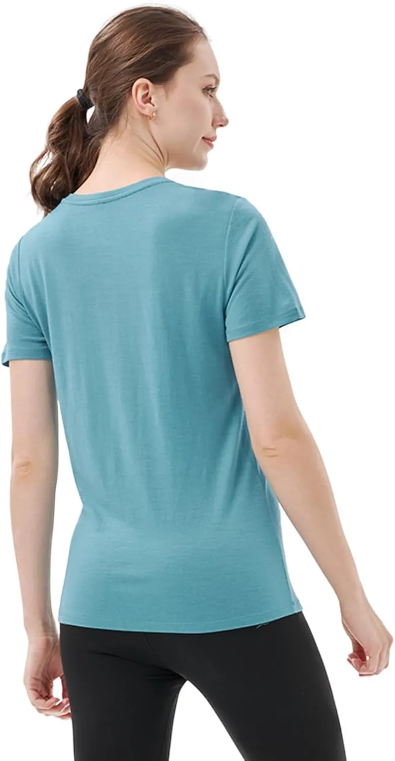 Merino Protect 100% Merino Wool V Neck T-Shirt for Women Short Sleeve Base Layers Odor Resistance Tops for Outdoor Hiking