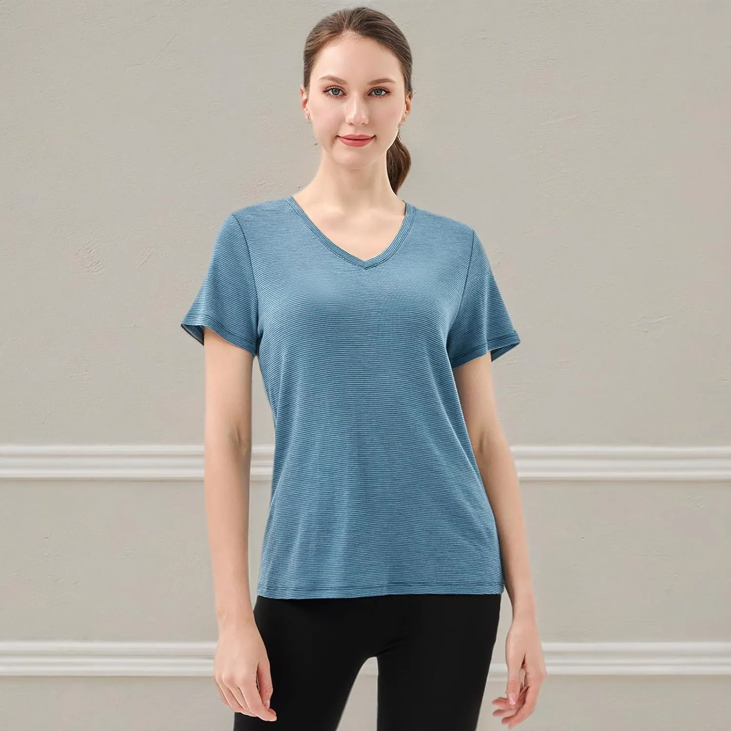 Merino Protect 100% Merino Wool V Neck T-Shirt for Women Short Sleeve Base Layers Odor Resistance Tops for Outdoor Hiking