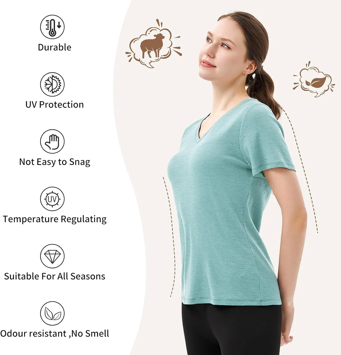 Merino Protect 100% Merino Wool V Neck T-Shirt for Women Short Sleeve Base Layers Odor Resistance Tops for Outdoor Hiking