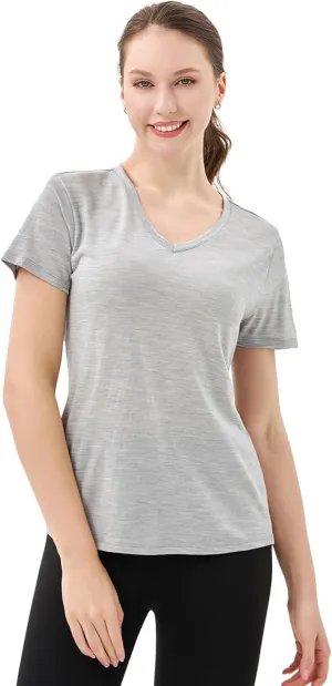 Merino Protect 100% Merino Wool V Neck T-Shirt for Women Short Sleeve Base Layers Odor Resistance Tops for Outdoor Hiking