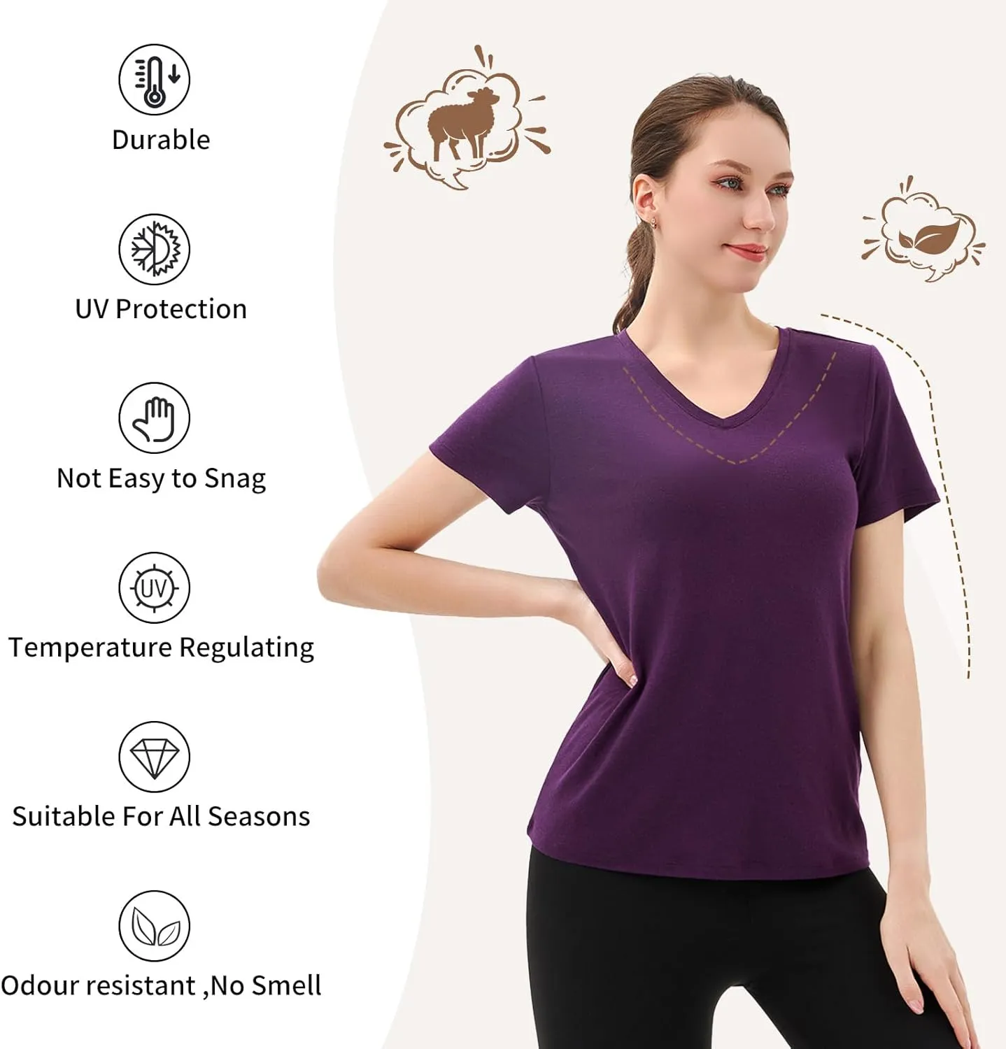 Merino Protect 100% Merino Wool V Neck T-Shirt for Women Short Sleeve Base Layers Odor Resistance Tops for Outdoor Hiking
