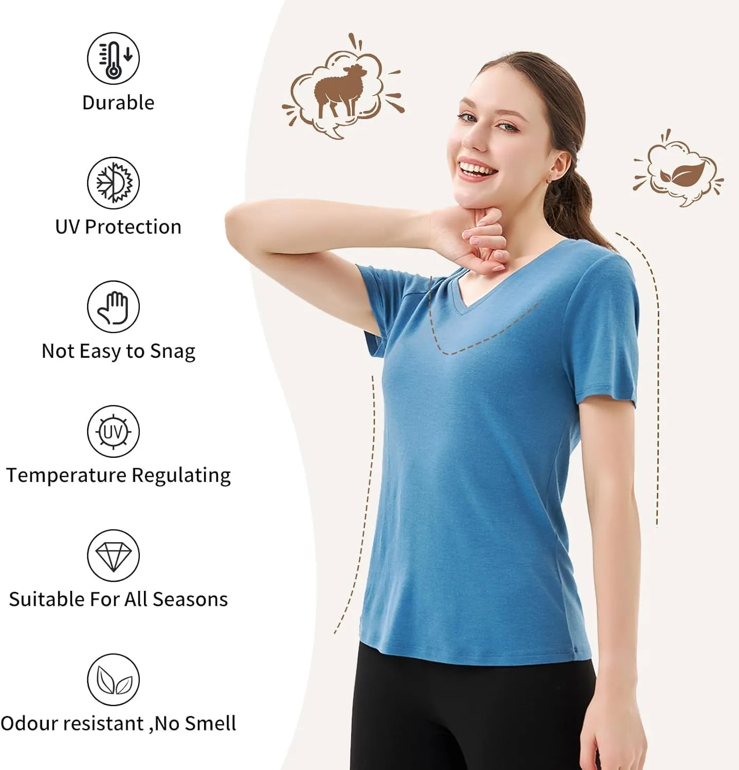 Merino Protect 100% Merino Wool V Neck T-Shirt for Women Short Sleeve Base Layers Odor Resistance Tops for Outdoor Hiking