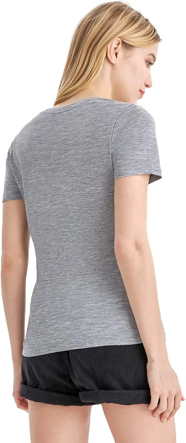 Merino Protect 100% Merino Wool V Neck T-Shirt for Women Short Sleeve Base Layers Odor Resistance Tops for Outdoor Hiking