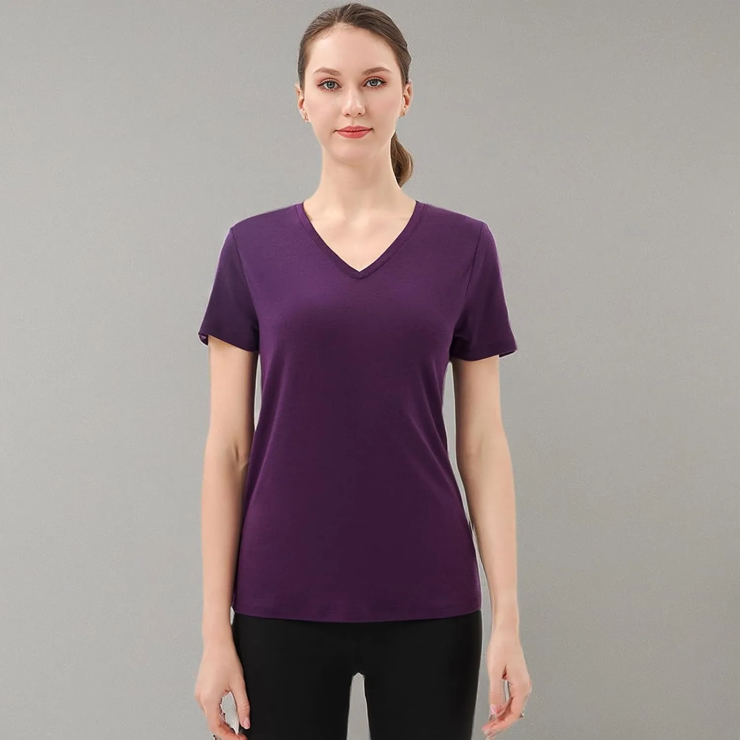Merino Protect 100% Merino Wool V Neck T-Shirt for Women Short Sleeve Base Layers Odor Resistance Tops for Outdoor Hiking
