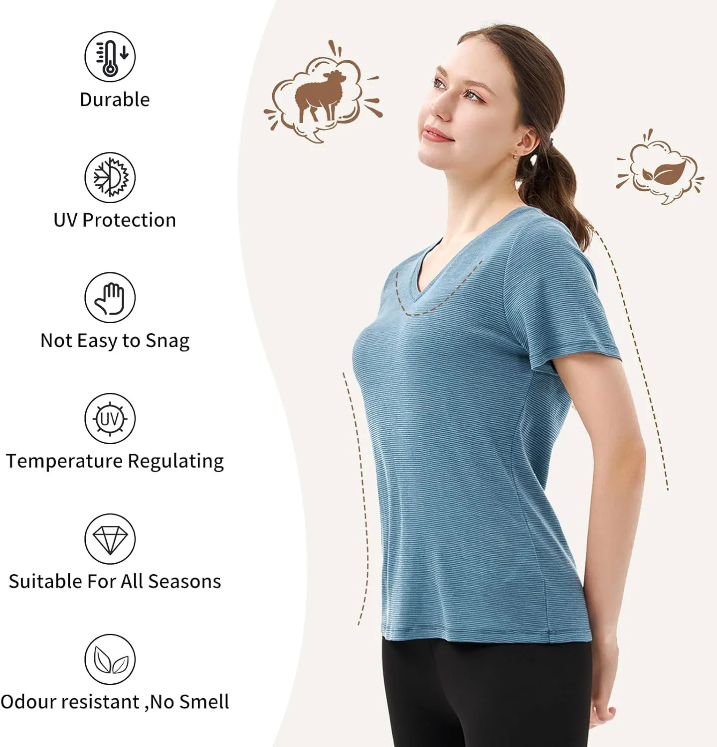Merino Protect 100% Merino Wool V Neck T-Shirt for Women Short Sleeve Base Layers Odor Resistance Tops for Outdoor Hiking