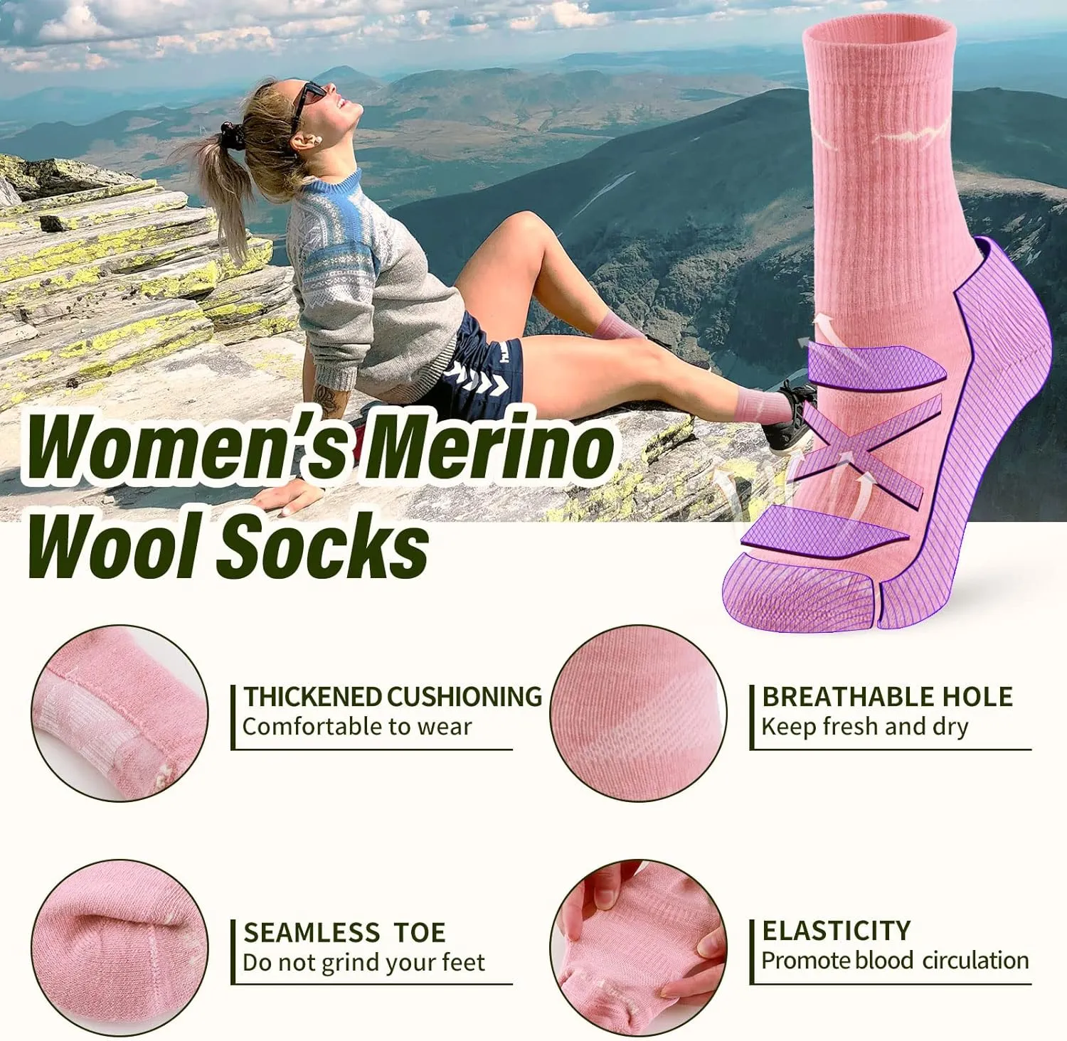 Merino Protect Merino Wool Socks for Women: Winter Hiking, Hunting, Cycling, Soft Cushion, Warm, Casual Thermal Socks