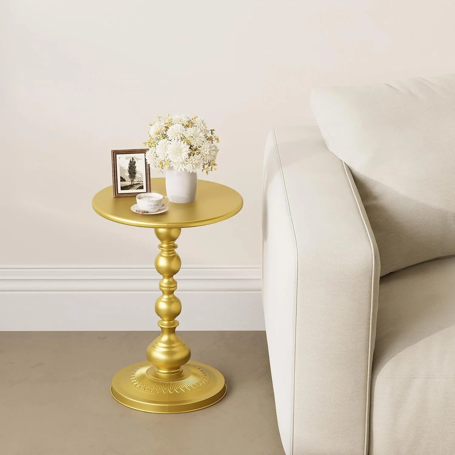 Metal Round Side Table, Small Drink Table for Small Spaces, Matte Modern Accent End Tables Coffee Tables, Pedestal Tables for Living Room, Bedroom, Corners, and Office, 21'' Height (Gold)