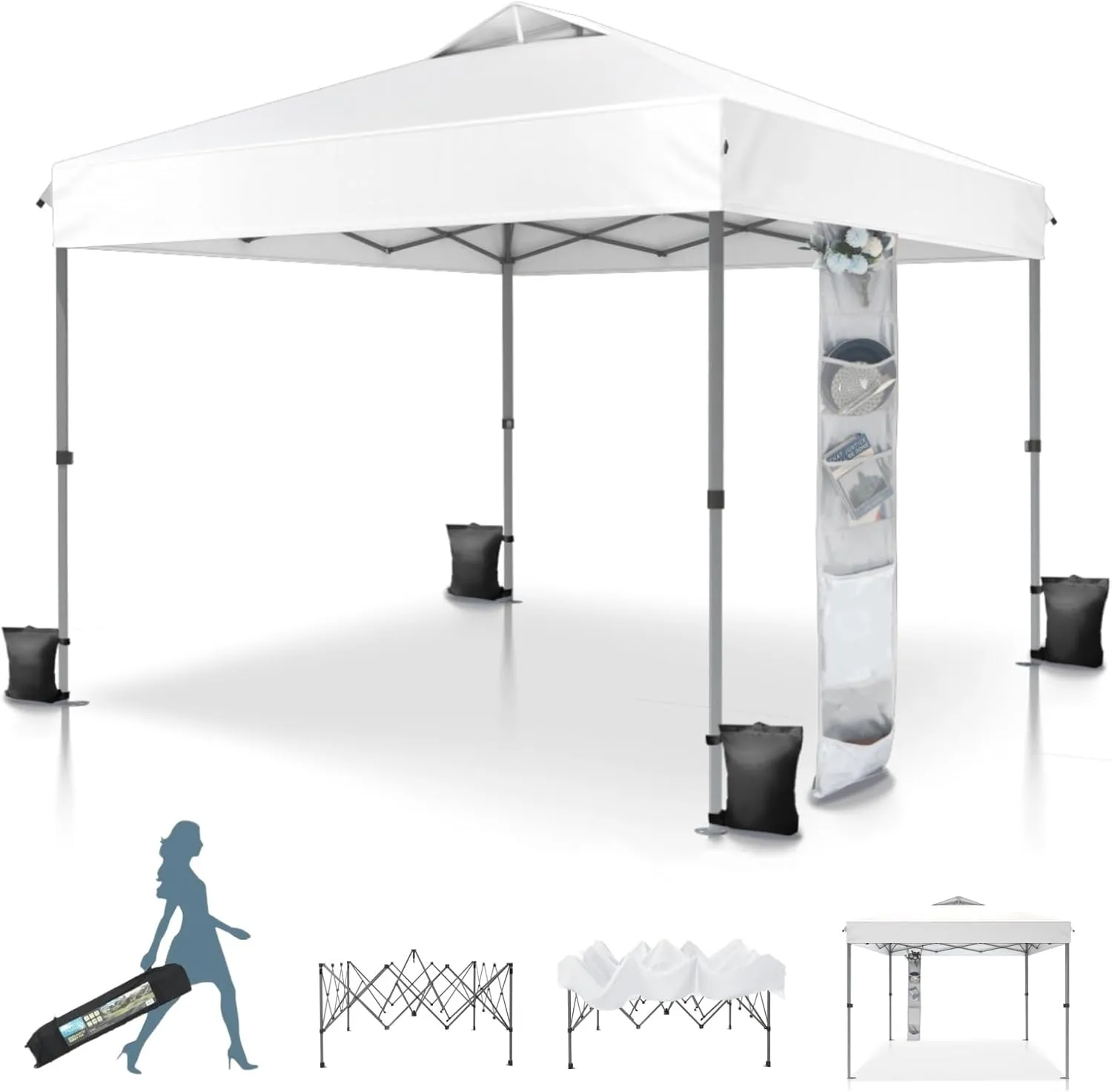 MFSTUDIO 10x10 Pop Up Canopy Tent, Outdoor Tent Instant Portable Shelter Canopies with Vented Top, Straight Legs, Wheeled Bag, 4 Sandbags, White