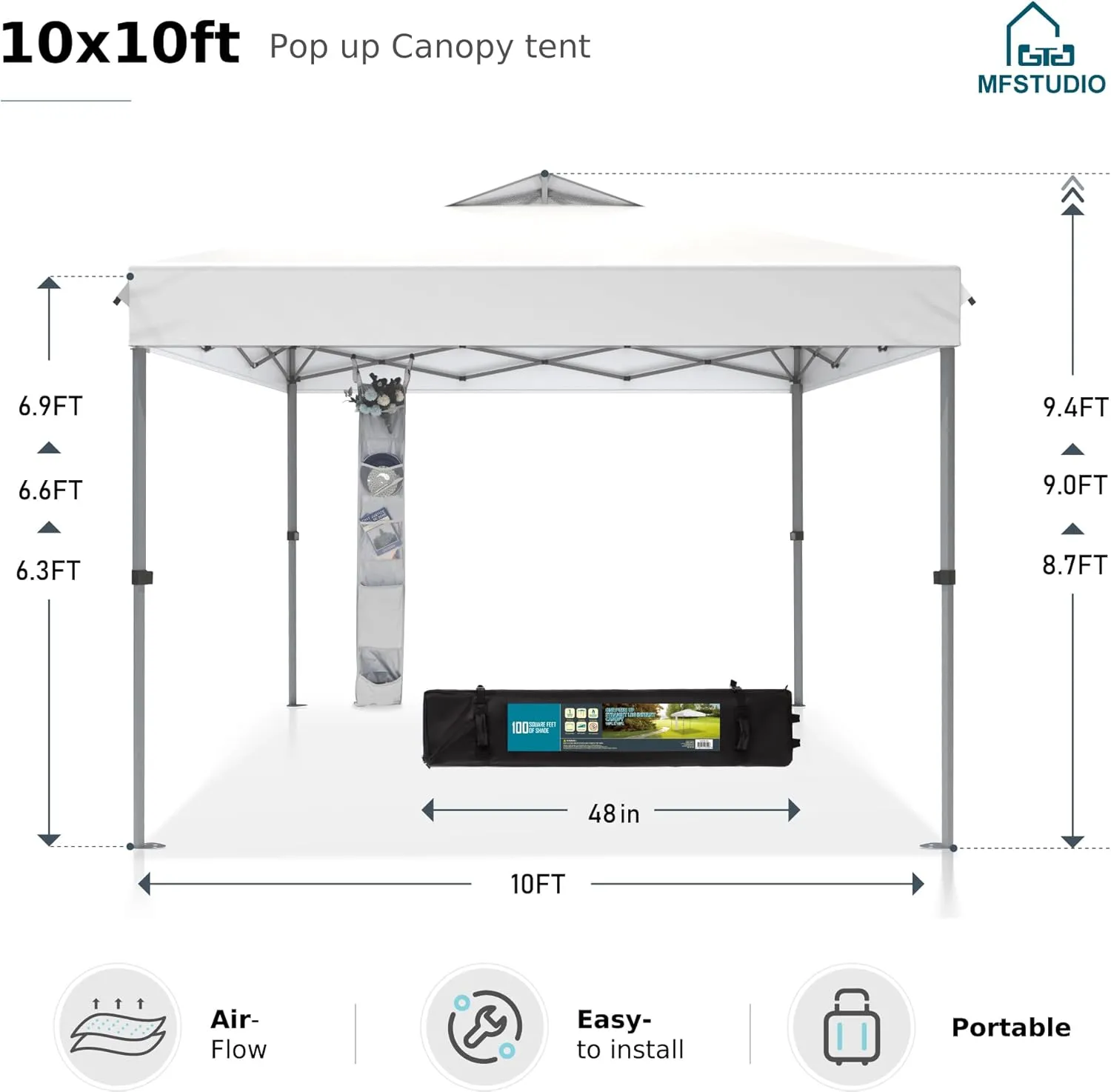 MFSTUDIO 10x10 Pop Up Canopy Tent, Outdoor Tent Instant Portable Shelter Canopies with Vented Top, Straight Legs, Wheeled Bag, 4 Sandbags, White