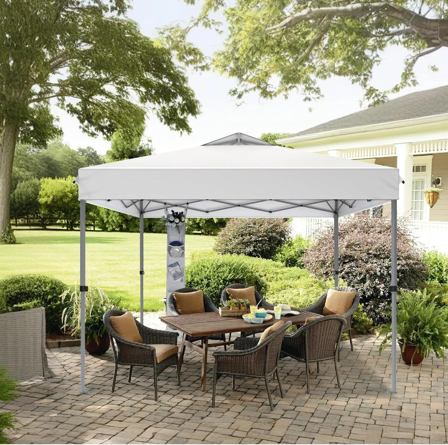 MFSTUDIO 10x10 Pop Up Canopy Tent, Outdoor Tent Instant Portable Shelter Canopies with Vented Top, Straight Legs, Wheeled Bag, 4 Sandbags, White