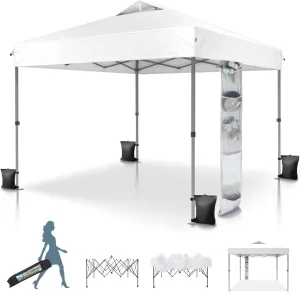 MFSTUDIO 10x10 Pop Up Canopy Tent, Outdoor Tent Instant Portable Shelter Canopies with Vented Top, Straight Legs, Wheeled Bag, 4 Sandbags, White