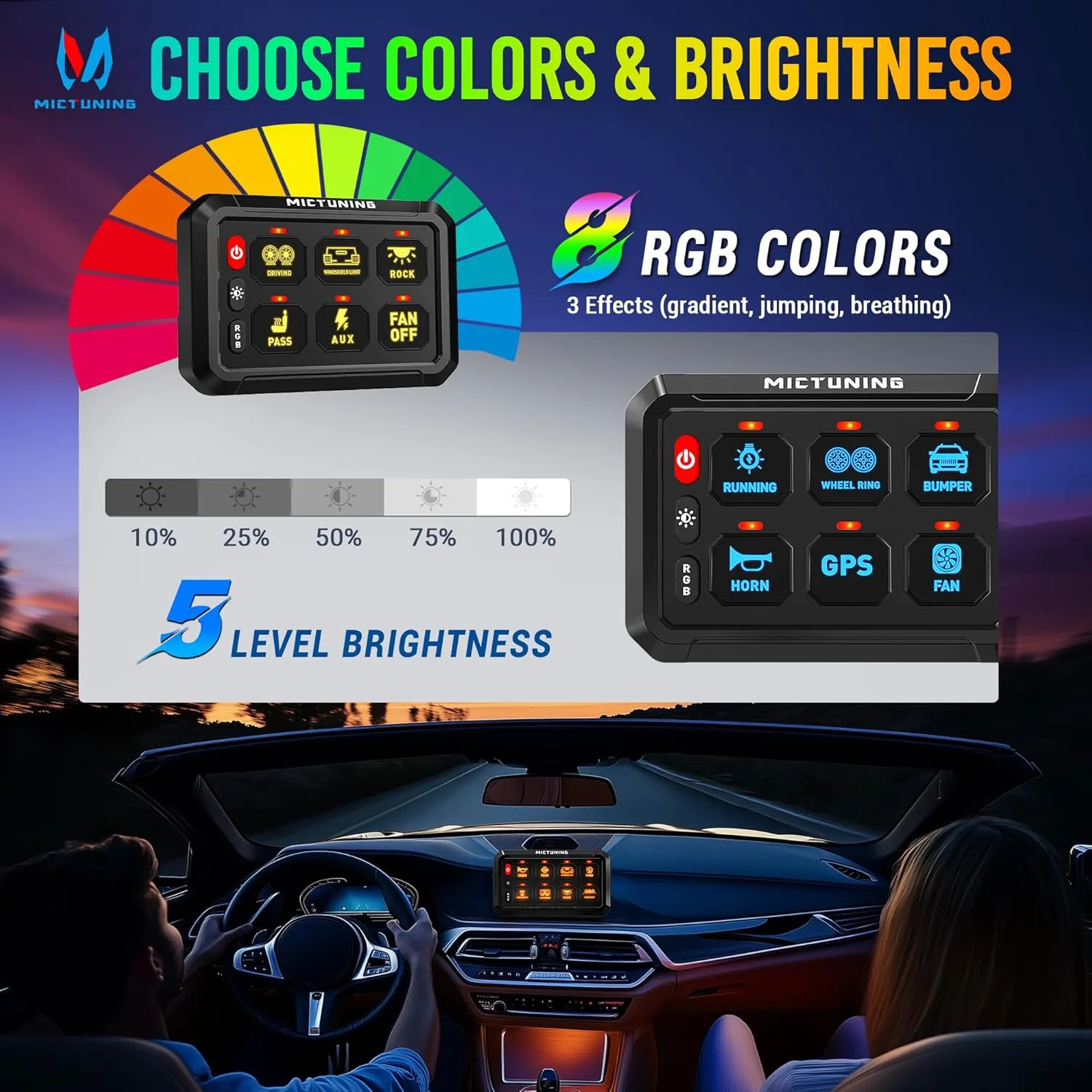 MICTUNING 6 Gang RGB Switch Panel P1s-R, Universal Circuit Control Relay System Box with Adjustable Brightness On-Off Toggle Switch Momentary Pod Touch for Car Truck SUV ATV Boat