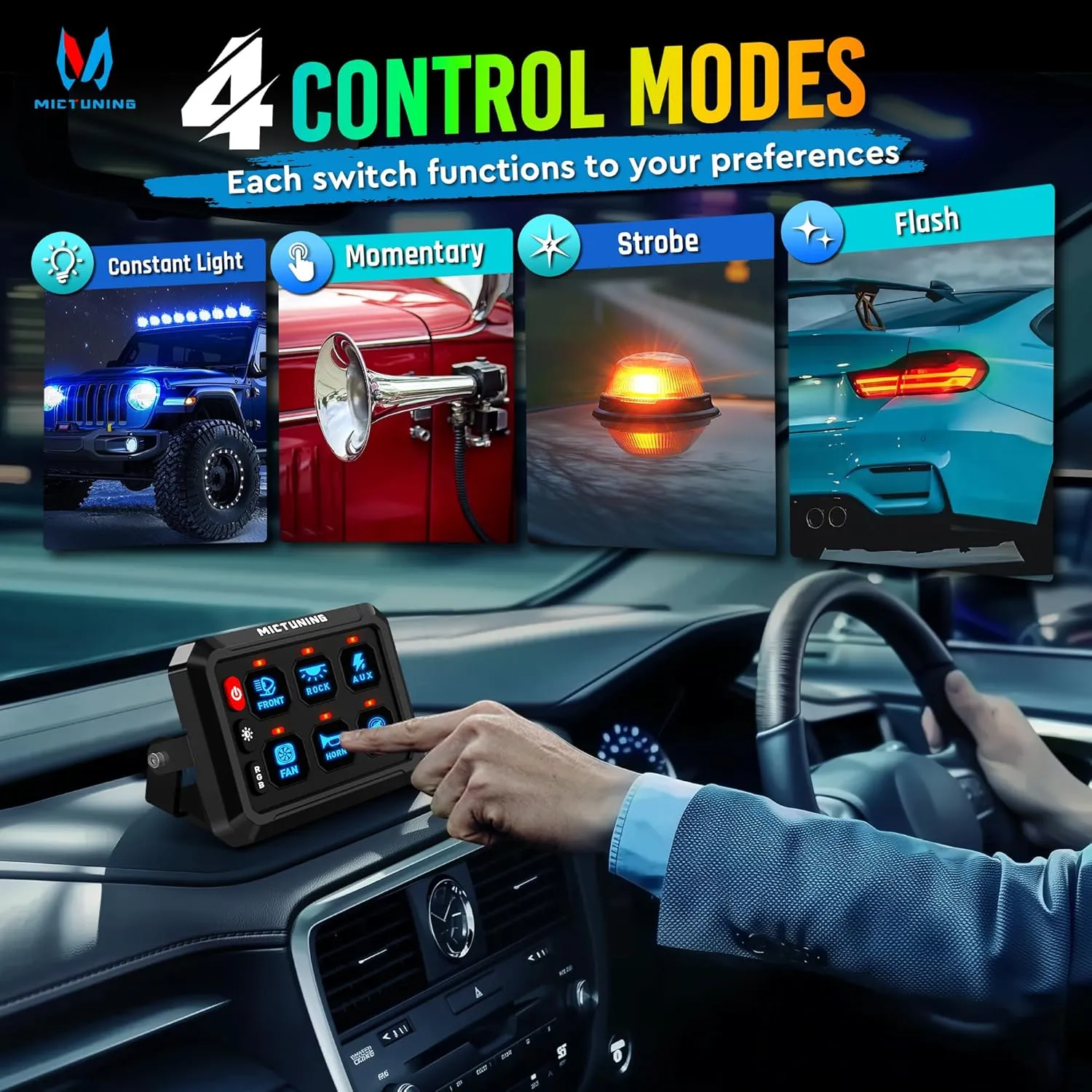 MICTUNING 6 Gang RGB Switch Panel P1s-R, Universal Circuit Control Relay System Box with Adjustable Brightness On-Off Toggle Switch Momentary Pod Touch for Car Truck SUV ATV Boat