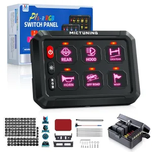 MICTUNING 6 Gang RGB Switch Panel P1s-R, Universal Circuit Control Relay System Box with Adjustable Brightness On-Off Toggle Switch Momentary Pod Touch for Car Truck SUV ATV Boat