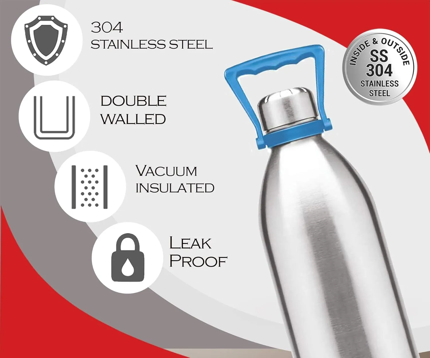 Milton Insulated Water Bottle (68 oz 2000 ml), Stainless Steel Double Walled Vacuum for 24 Hours Hot and Cold with Bag, Leakproof, BPA Free for Sport, Travel, Thermosteel Duo DLX 2000, 1.86 Ltr Silver
