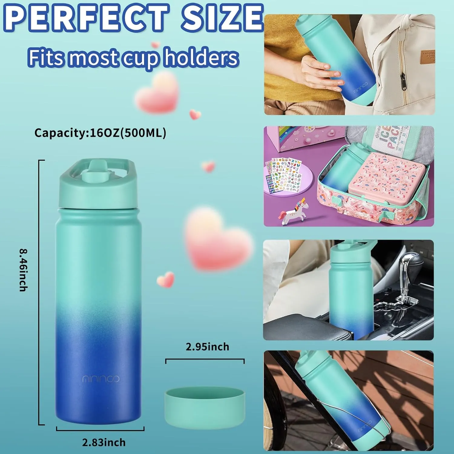 Mininoo Insulated Kids Water Bottle, 16oz Stainless Steel Water Bottle Kids with Paracord Handle for Girls, Boys (2 Pack)