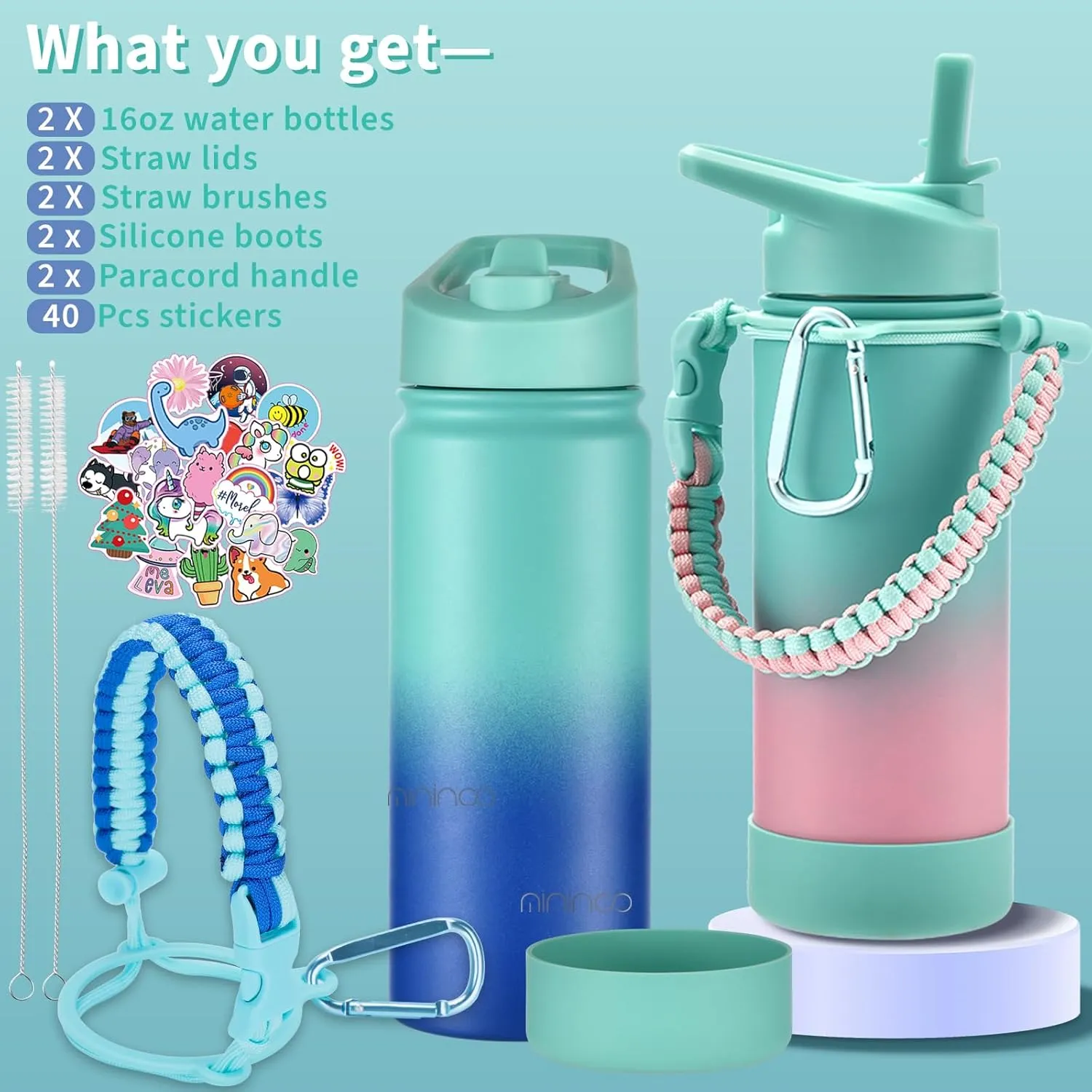 Mininoo Insulated Kids Water Bottle, 16oz Stainless Steel Water Bottle Kids with Paracord Handle for Girls, Boys (2 Pack)