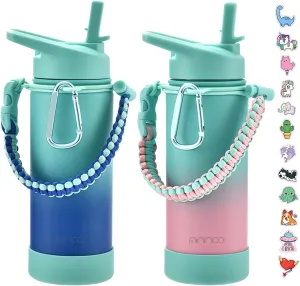 Mininoo Insulated Kids Water Bottle, 16oz Stainless Steel Water Bottle Kids with Paracord Handle for Girls, Boys (2 Pack)