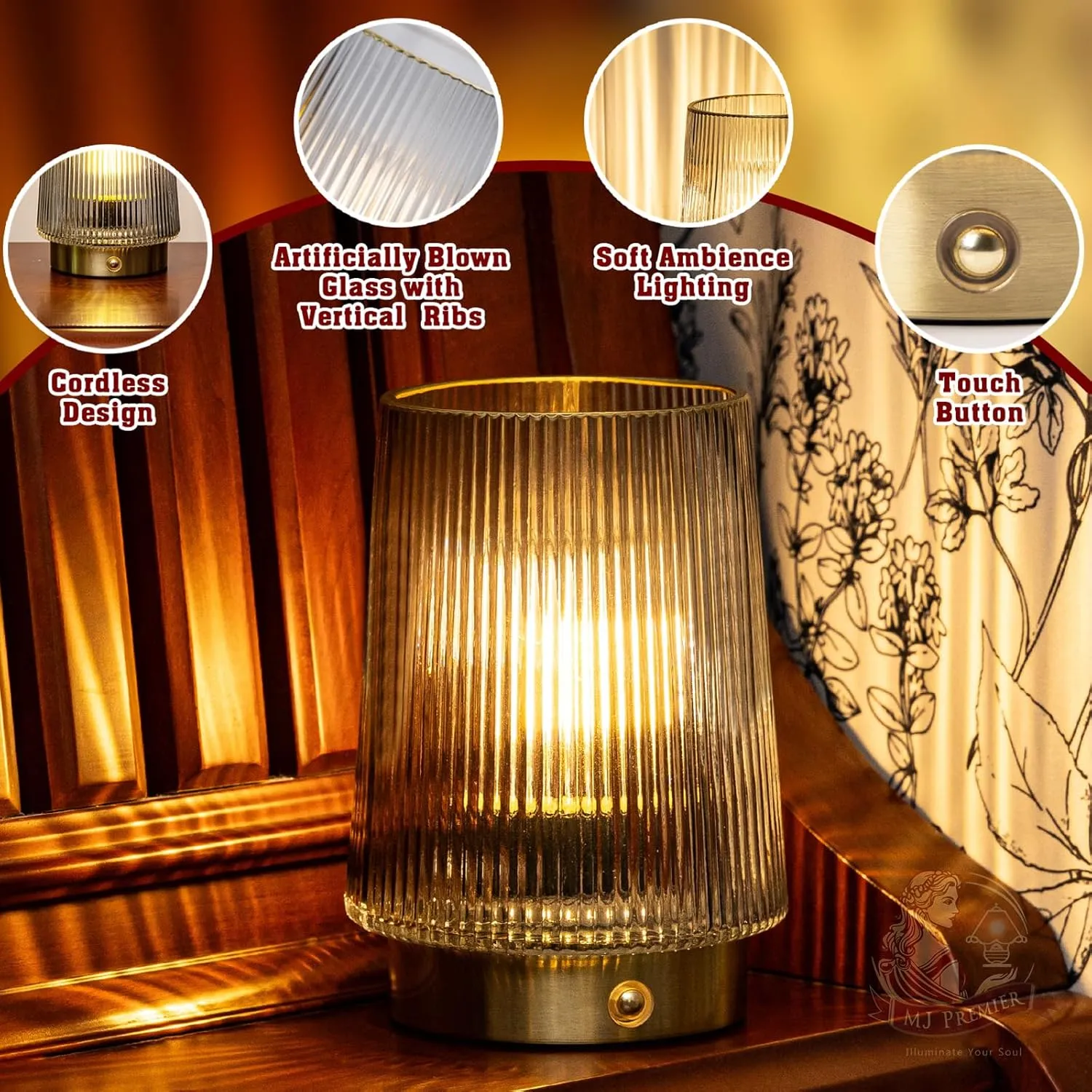 MJ PREMIER Cordless Lamps Rechargeable Battery Operated Lamp Glass Table Lamp Portable Dimmable Brightness Adjust Beside Touch Lamp for Home Decor Livingroom Bedroom Kitchen Bathroom Grey