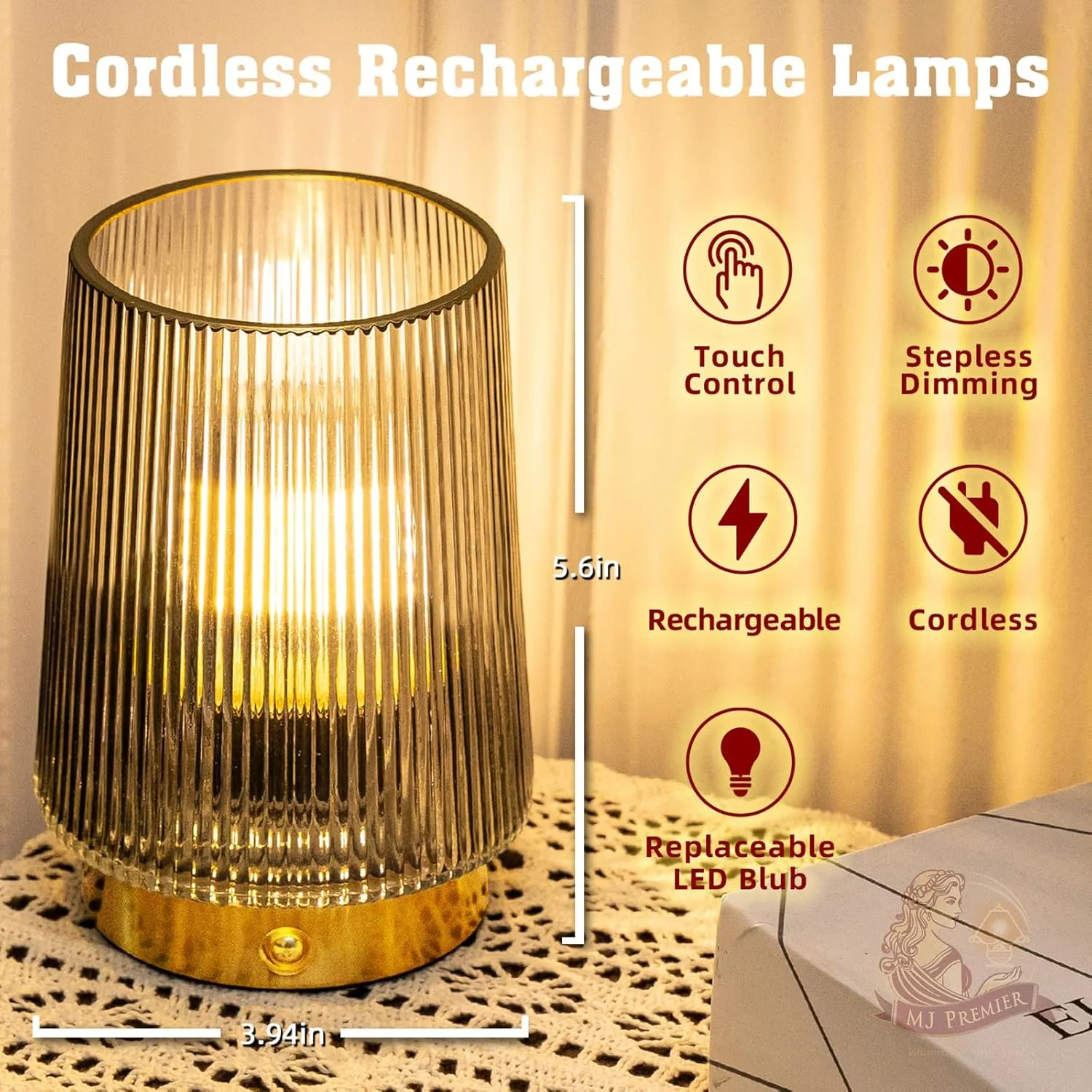 MJ PREMIER Cordless Lamps Rechargeable Battery Operated Lamp Glass Table Lamp Portable Dimmable Brightness Adjust Beside Touch Lamp for Home Decor Livingroom Bedroom Kitchen Bathroom Grey