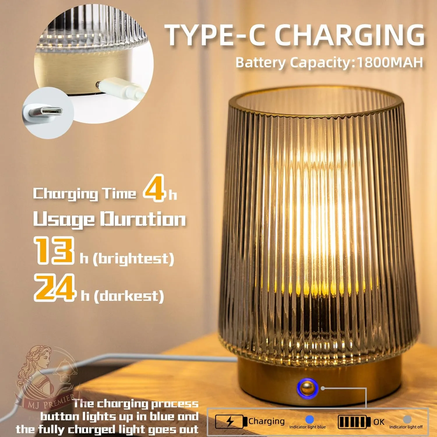 MJ PREMIER Cordless Lamps Rechargeable Battery Operated Lamp Glass Table Lamp Portable Dimmable Brightness Adjust Beside Touch Lamp for Home Decor Livingroom Bedroom Kitchen Bathroom Grey