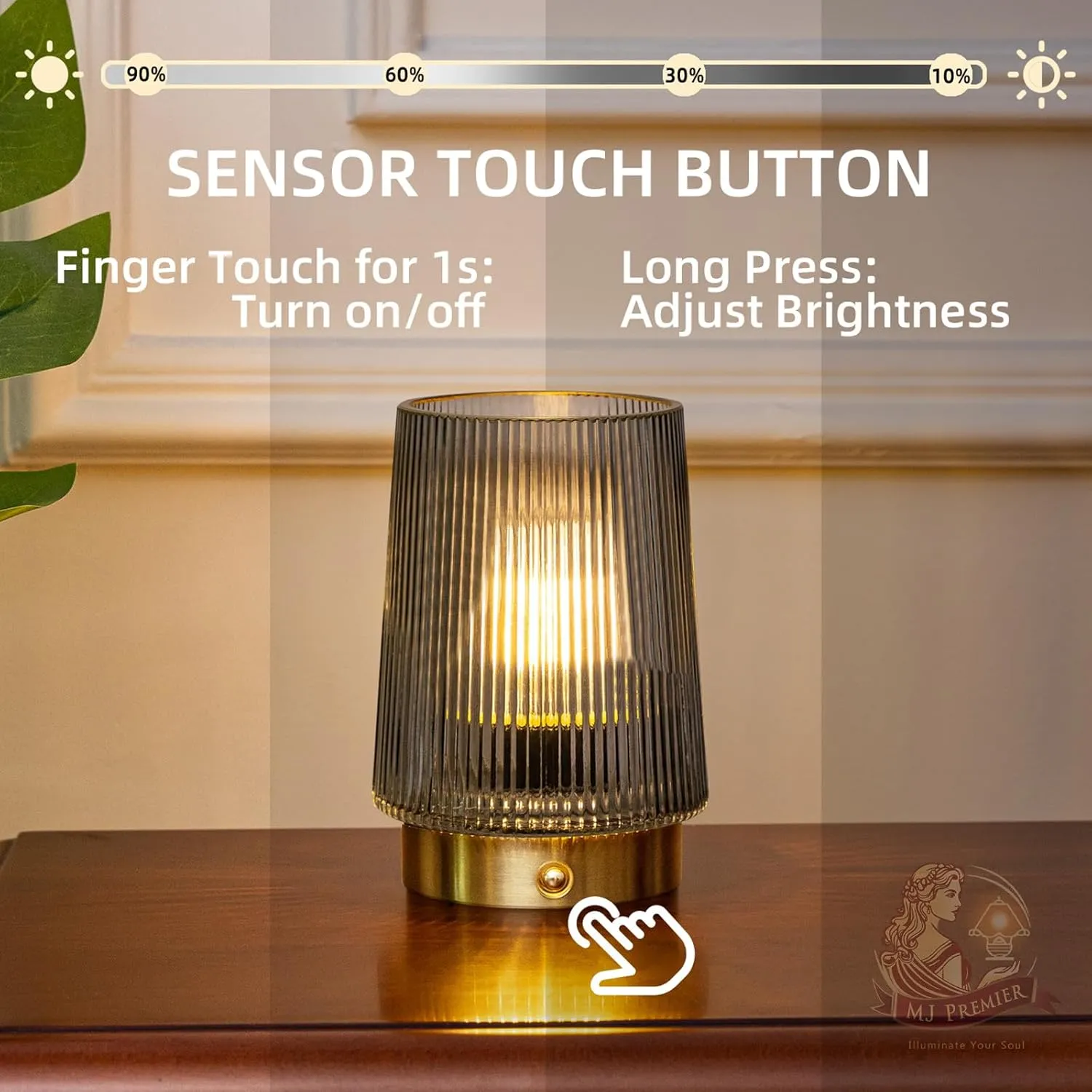 MJ PREMIER Cordless Lamps Rechargeable Battery Operated Lamp Glass Table Lamp Portable Dimmable Brightness Adjust Beside Touch Lamp for Home Decor Livingroom Bedroom Kitchen Bathroom Grey