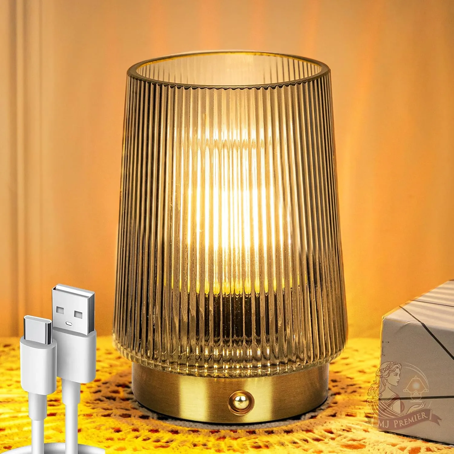 MJ PREMIER Cordless Lamps Rechargeable Battery Operated Lamp Glass Table Lamp Portable Dimmable Brightness Adjust Beside Touch Lamp for Home Decor Livingroom Bedroom Kitchen Bathroom Grey