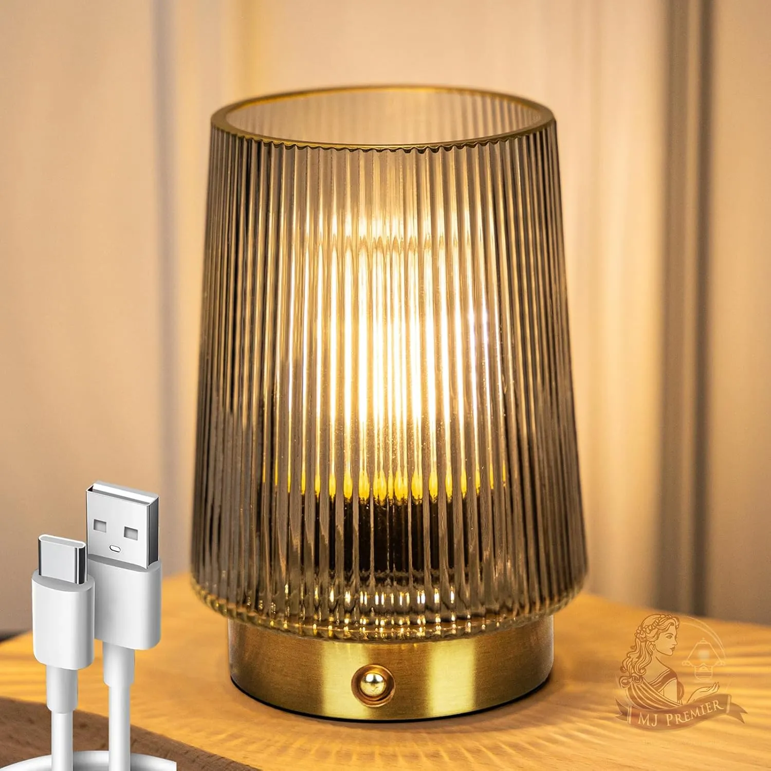 MJ PREMIER Cordless Lamps Rechargeable Battery Operated Lamp Glass Table Lamp Portable Dimmable Brightness Adjust Beside Touch Lamp for Home Decor Livingroom Bedroom Kitchen Bathroom Grey