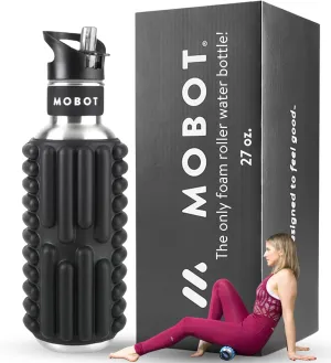 MOBOT Portable Travel Foam Roller Water Bottle with Sip Straw, Stainless Steel Screw Lid | Insulated Sports Water Bottle and Foam Rollers for Yoga, Workout, Home Gym, & Exercise, Black (27 oz)