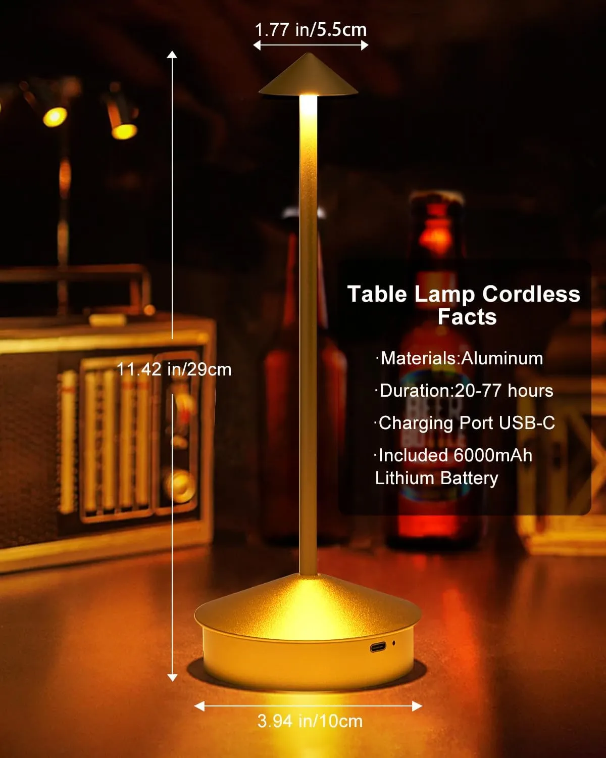 Modern Cordless Table Lamp, 6000mAh Rechargeable Table Lamps, Portable Touch LED Lamp, Outdoor Waterproof Dimmable Cordless Rechargeable Table Lamps for Restaurant/Patio/outdoor- Black (1 Pcs Gold)