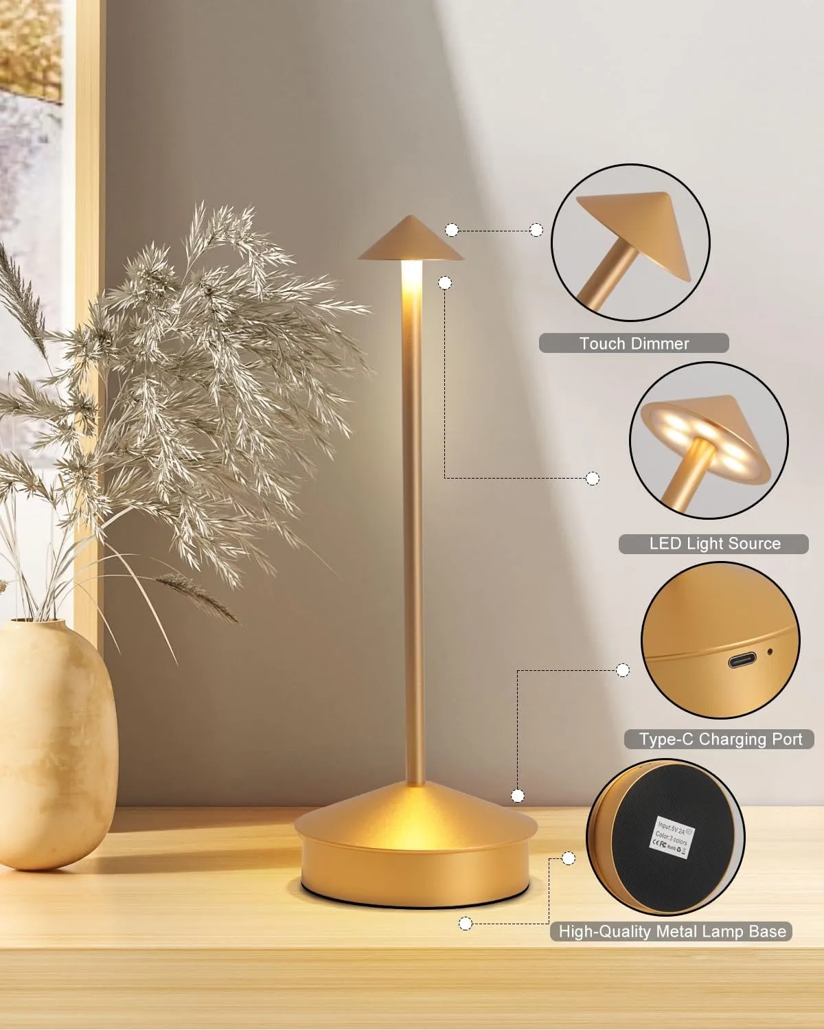 Modern Cordless Table Lamp, 6000mAh Rechargeable Table Lamps, Portable Touch LED Lamp, Outdoor Waterproof Dimmable Cordless Rechargeable Table Lamps for Restaurant/Patio/outdoor- Black (1 Pcs Gold)