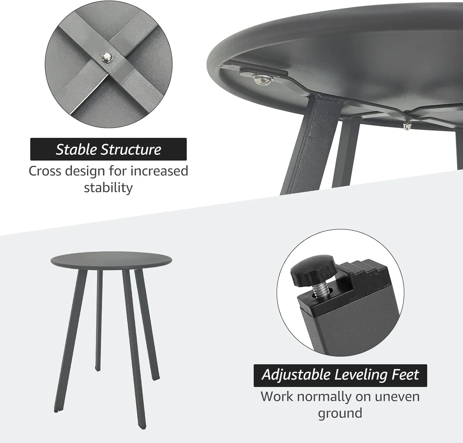 Modern Grey Round Metal Steel Side Table, 15.75" x 19.7", Indoor & Outdoor